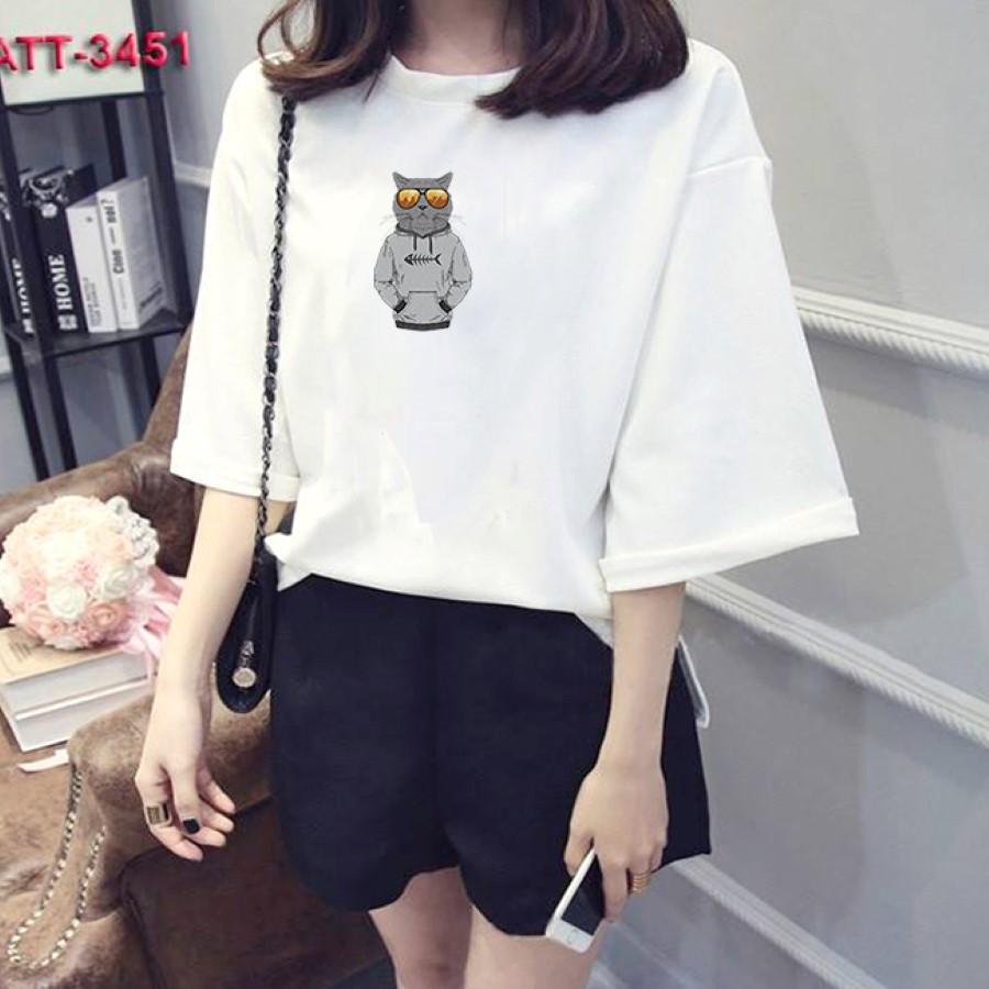 [Hoàn Tiền 15%] Áo thun tay lỡ form rộng in hình mèo mặc áo hoodie chất vải dày mịn TEEWOTL55