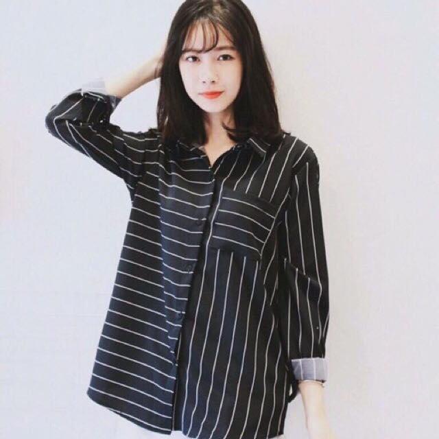 Áo Sơ mi oversize sọc dọc phối sọc ngang