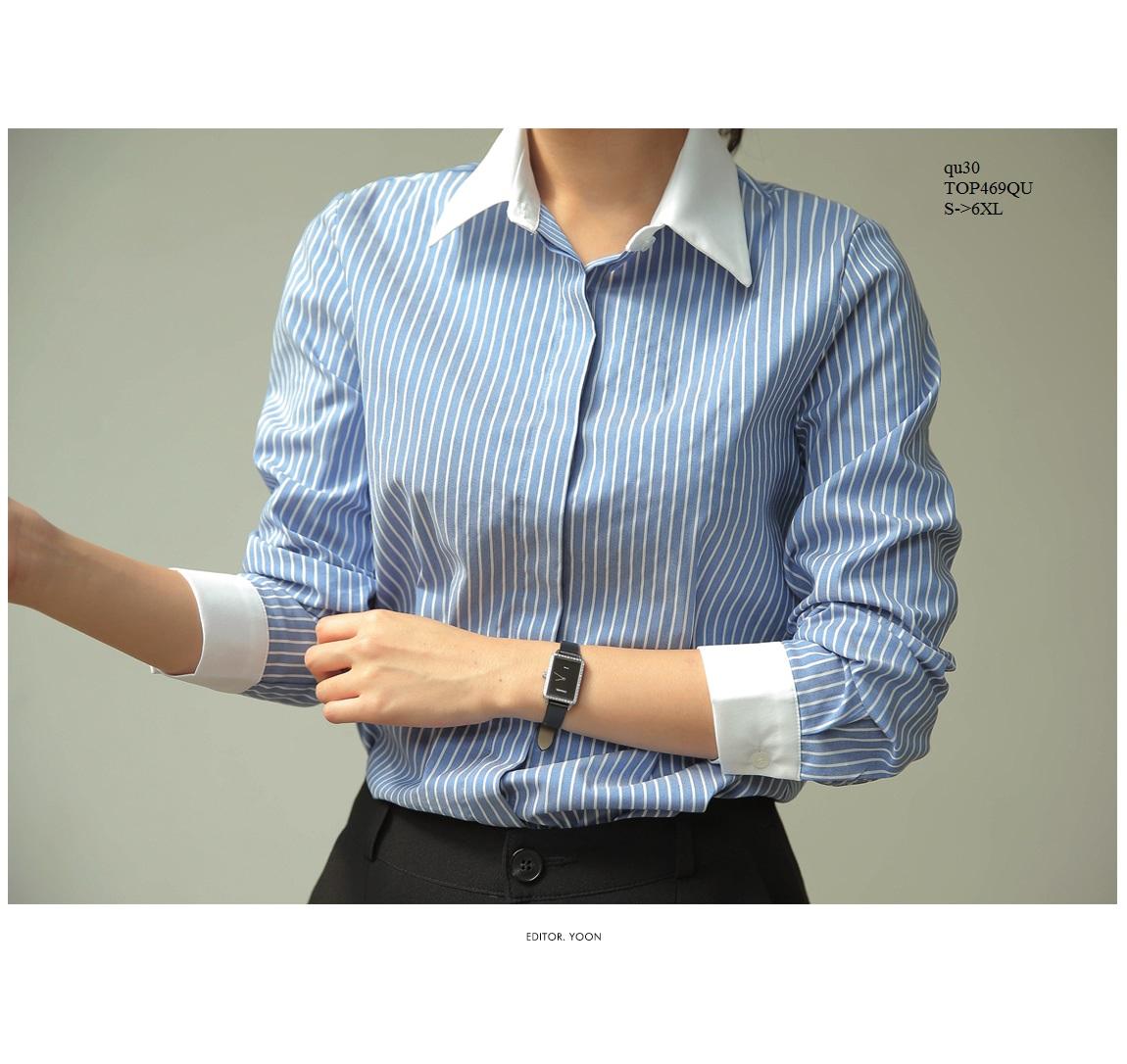 TOP469QU ÁO SƠ MI NỮ KẺ SỌC XANH