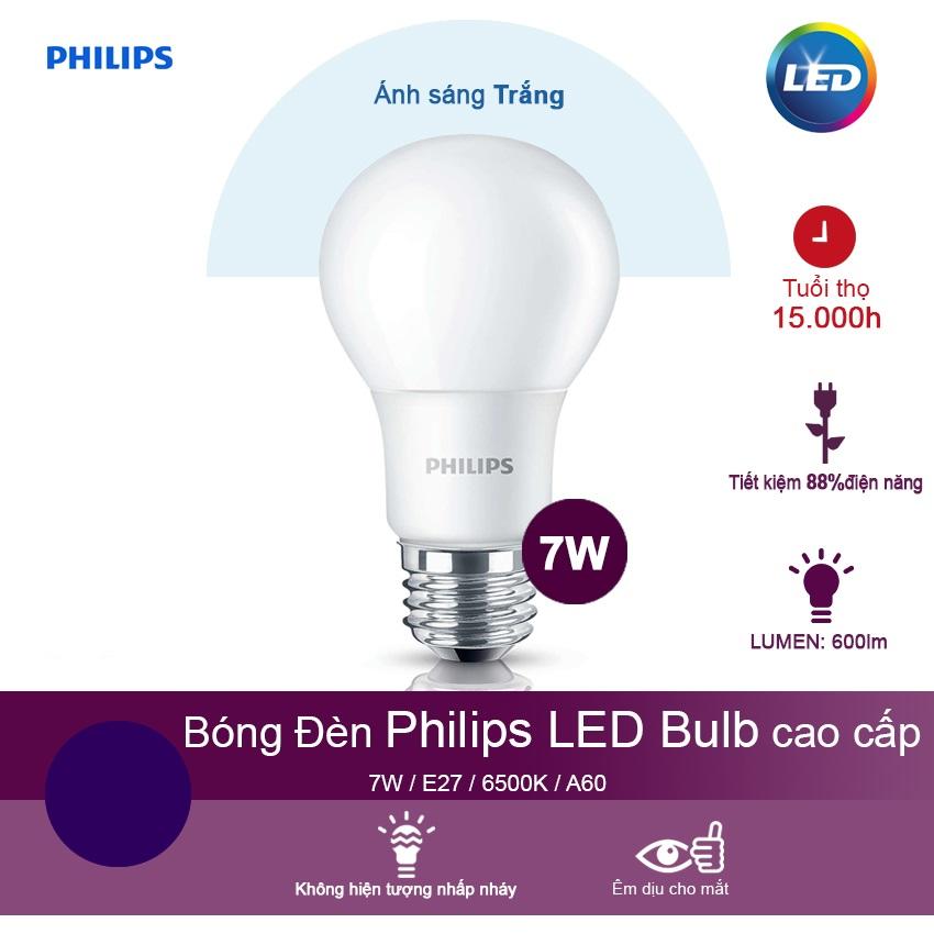 (Mua 6 tặng 1) Bóng đèn Philips Ledbulb 7W 6500K đuôi E27 230V A60 - Ánh sáng trắng