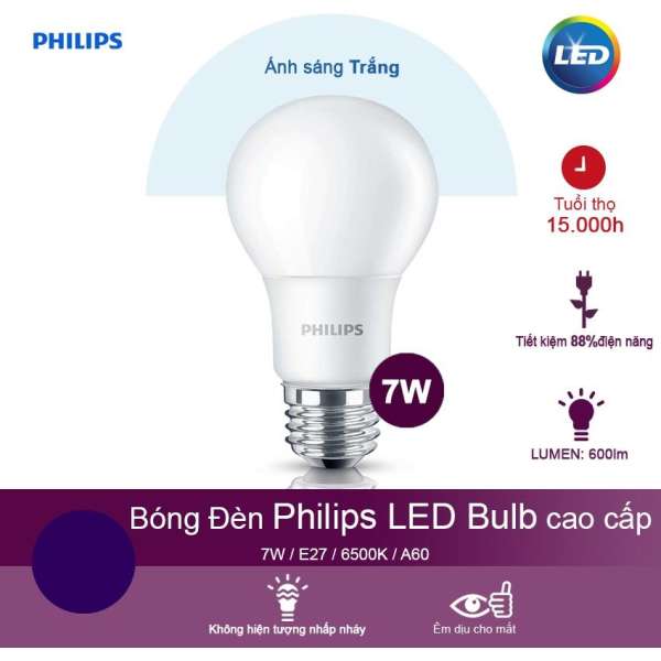 (Mua 6 tặng 1) Bóng đèn Philips Ledbulb 7W 6500K đuôi E27 230V A60 - Ánh sáng trắng