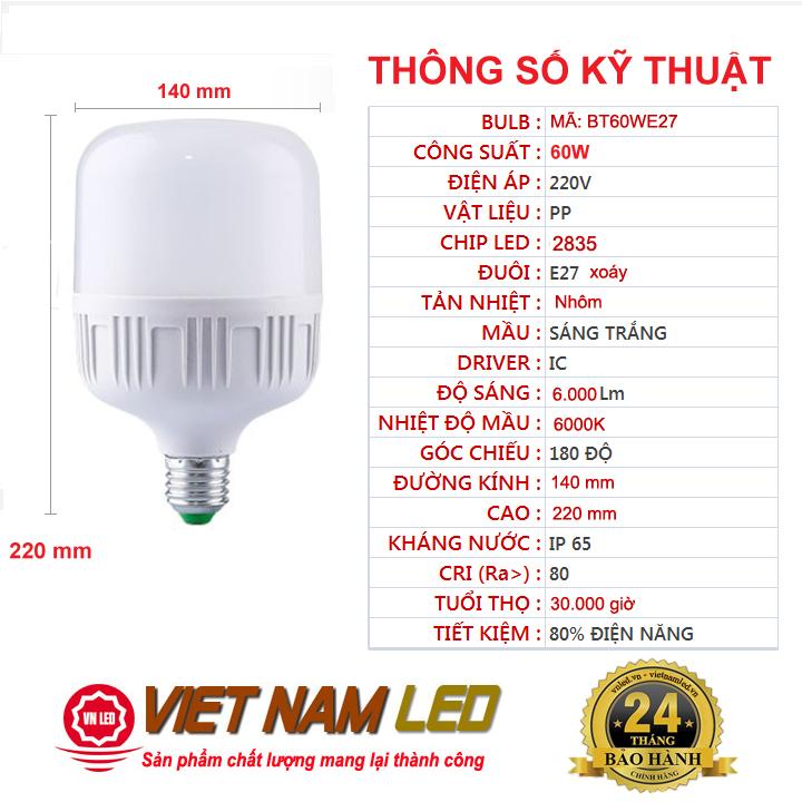 Bóng đèn Led trụ 60W đuôi xoáy E27 sáng trắng