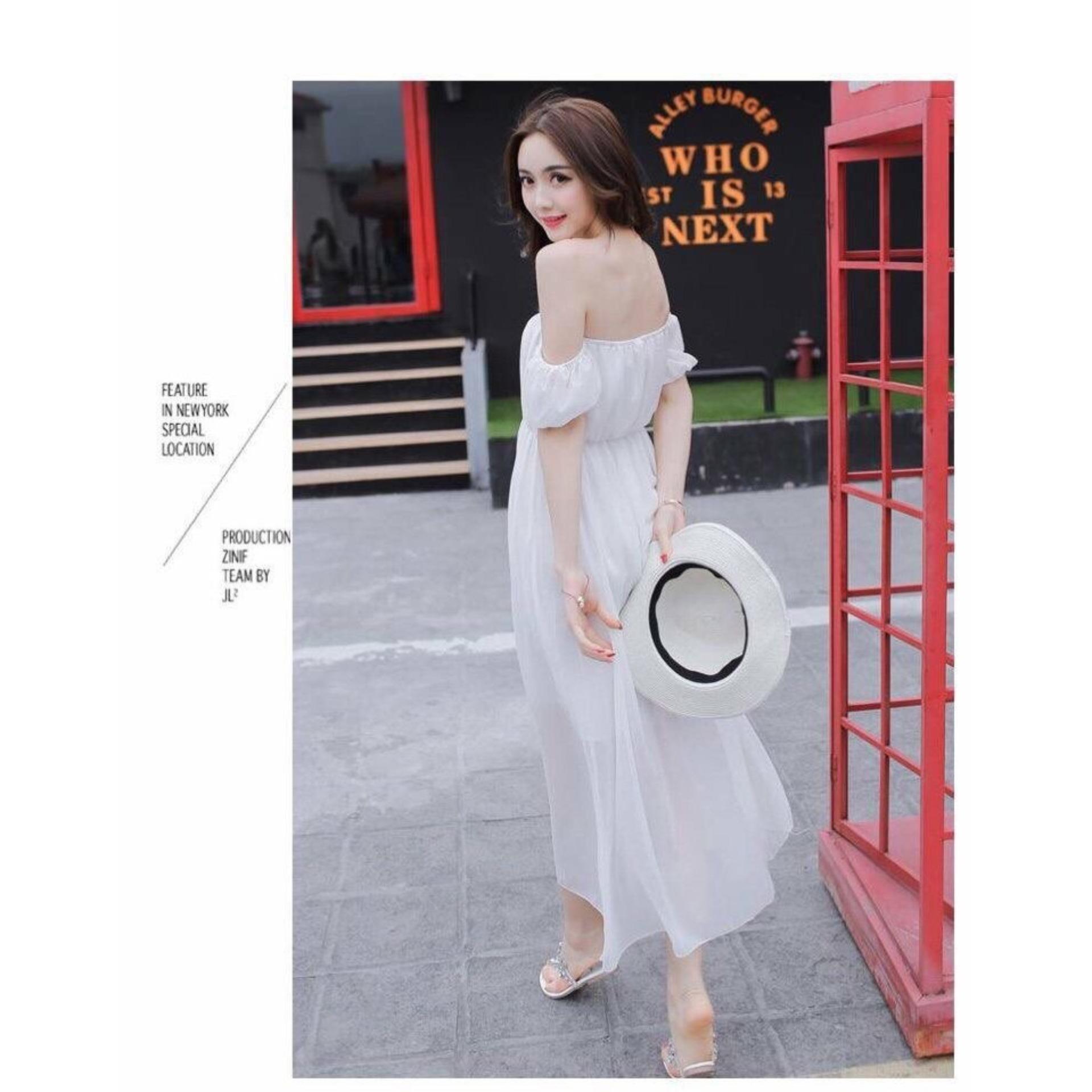 Đầm maxi trắng tay rớt nhúng thun