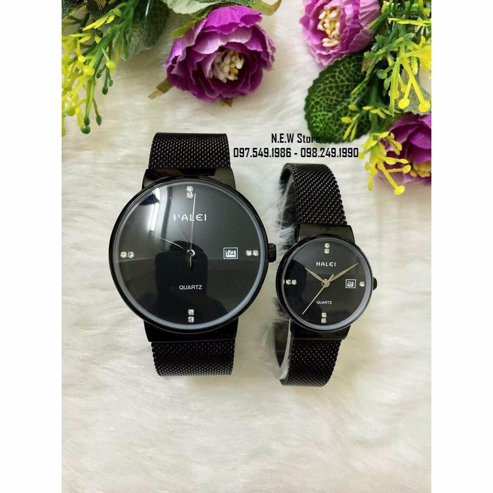 Đồng hồ cặp đôi nam, nữ dây thép lụa Halei Full Black