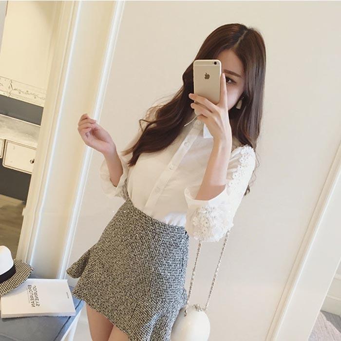 Áo sơ mi nữ bo tay viền ren hoa (Trắng)