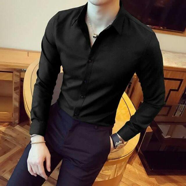 Áo sơ mi nam Màu Đen Lụa nến cao cấp dáng hàn quốc