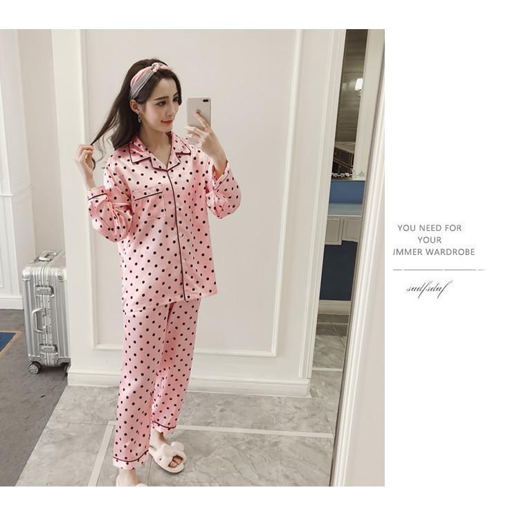 [HCM]Bộ Đồ Mặc Nhà Pijama Phi Lụa Họa Tiết Chấm Bi CDANP15