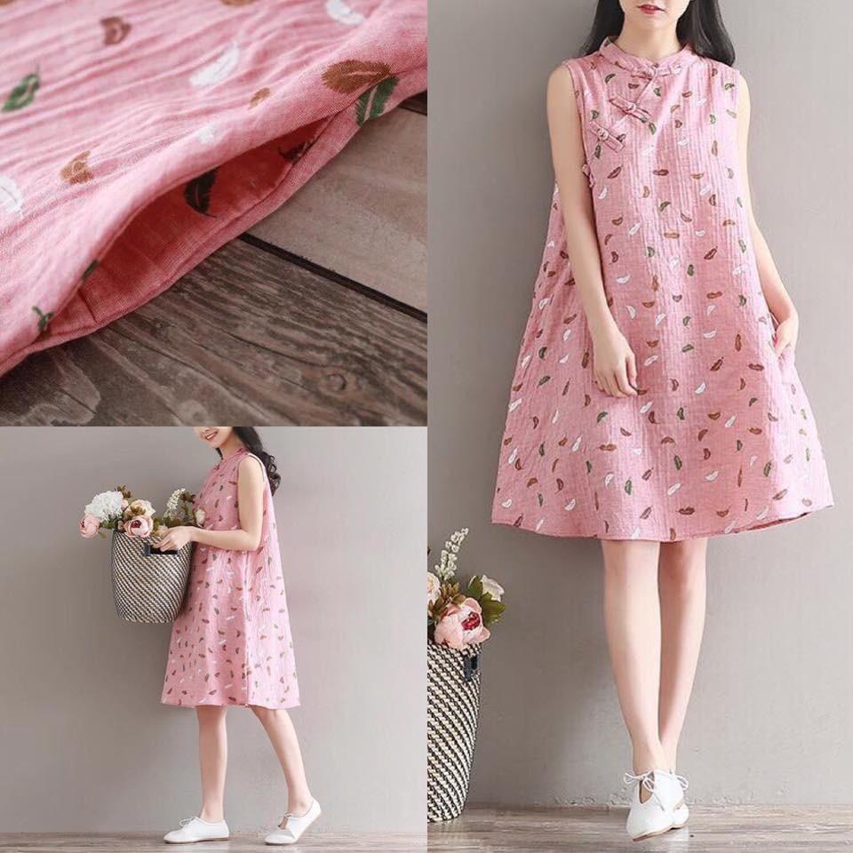 Đầm bầu công sở cổ tàu in lá