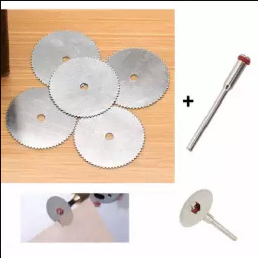 Bộ 6 dĩa cắt siêu mỏng bằng thép và 1 trục lắp cho khoan đa năng cầm tay mini (như Dremel, ACZ, lx 134 ...)