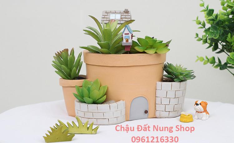 Chậu kiểu Mèo lười và nhà nhỏ, Chậu trồng cây, Chậu hoa, Chậu đẹp, Chậu tiểu cảnh, Chậu đất nung, chậu đáng yêu, Chau trong cay