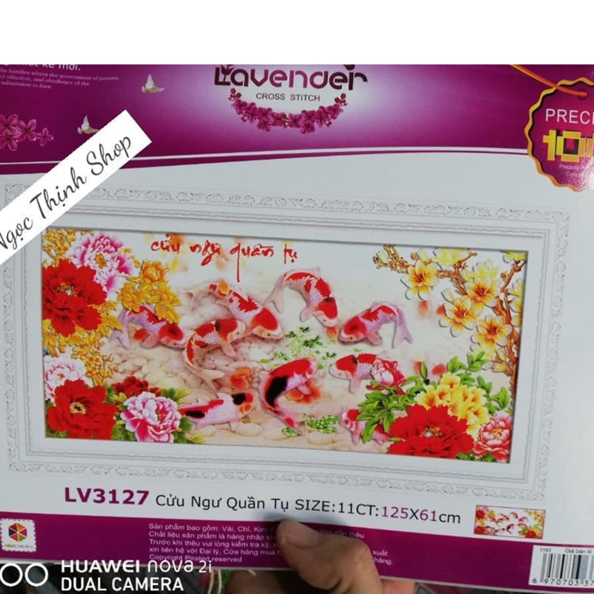 Tranh thêu chữ CỬU NGƯ QUẦN HỘI -LV3127-KÍCH THƯỚC 125X61CM