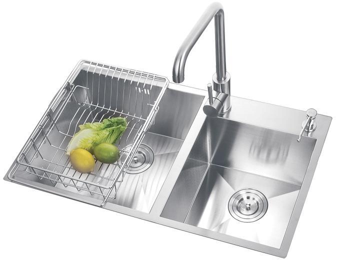 Chậu rửa bát Inox 304 Đúc Nguyên Khối 2 hố cân (tặng kệ để đồ).