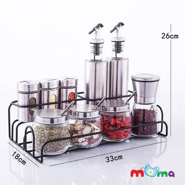 Trọn bộ, set kệ, giá đỡ gồm 9 món lọ, hũ, chai thủy tinh viền inox đựng gia vị, dầu, giấm, sang trọng, làm đẹp cho bếp, phòng ăn, nhà hàng, quán_HK055