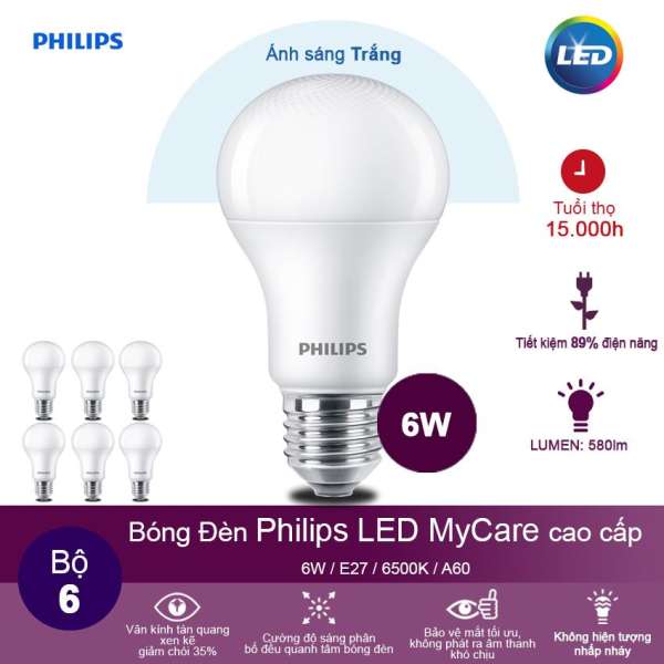 Bộ 6 Bóng đèn Philips LED MyCare 6W 6500K E27 A60 - Ánh sáng trắng