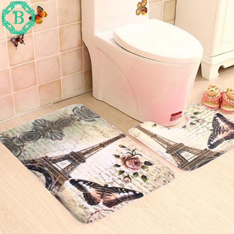 2Pcs Eiffel Tower Pattern Non-Slip Soft Bathroom Toilet Rug Bath Mat Set