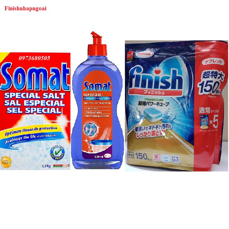 Combo viên rửa bát finish nhật 150 viên + muối làm mềm nuớc Somat 1,2kg + nước làm bóng Somat 500ml