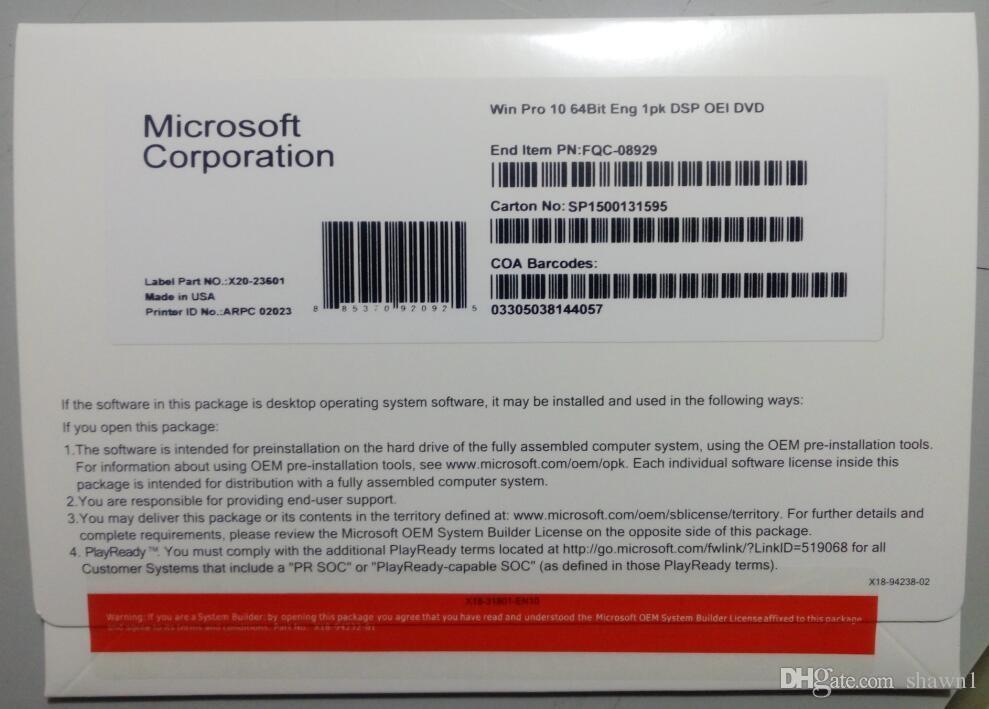 Phần mềm HĐH Microsoft Windows Pro 10 64Bit Eng Intl 1pk DSP OEI DVD
