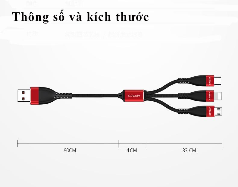 [HCM]Cáp sạc 3 đầu chính hãng APPACS iphone lightning micro USB USB Type C