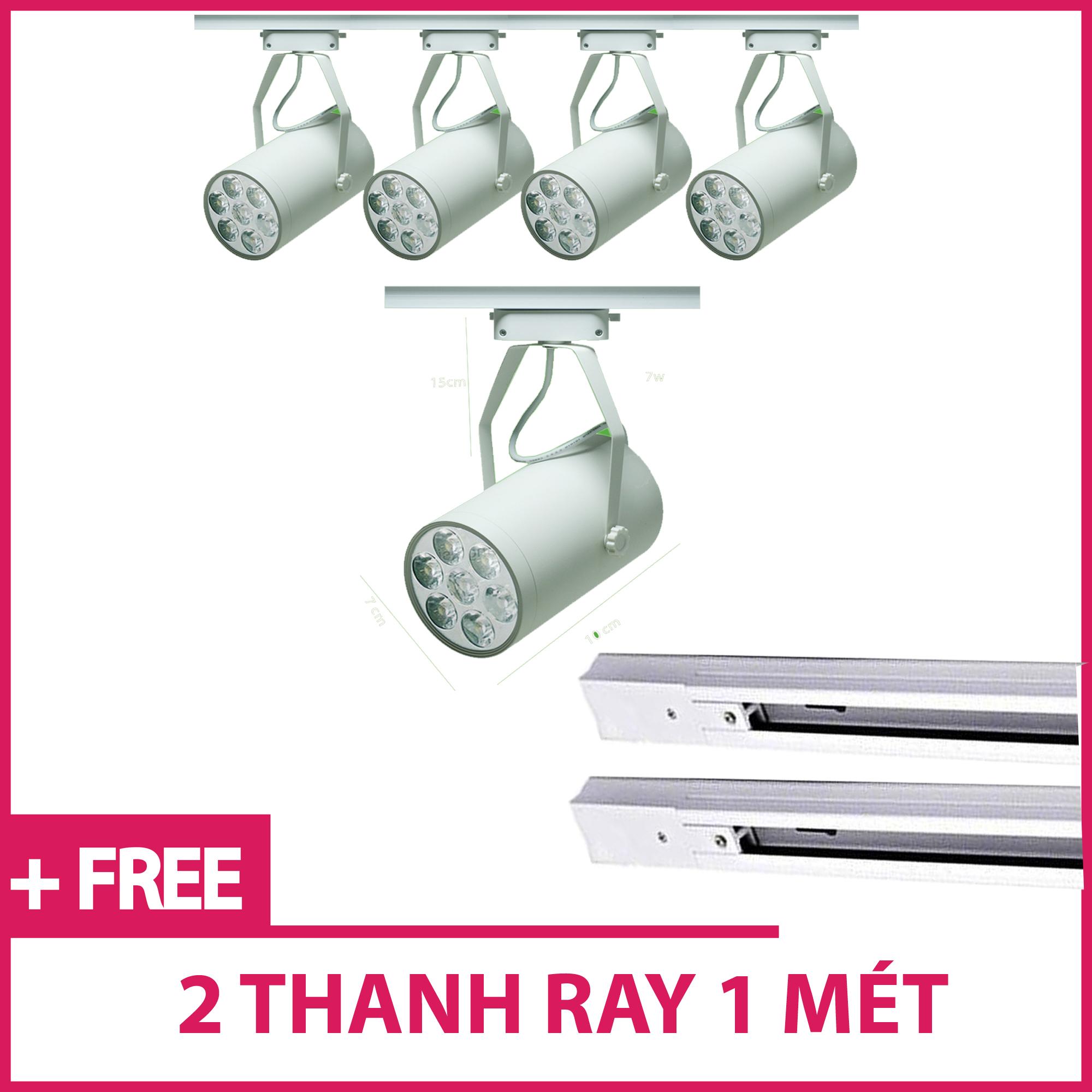 Bộ 5 đèn led rọi thanh ray 7w vỏ trắng ánh sáng trắng/vàng và 2 thanh ray 1 mét màu trắng