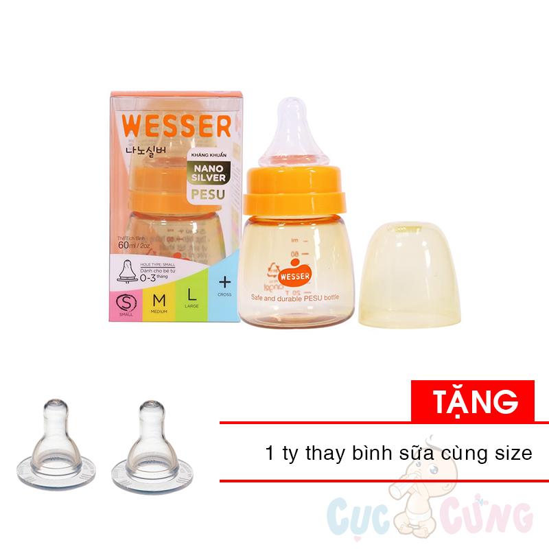Bình sữa Wesser PESU cổ nhỏ 60ml Tặng 2 ty thay bình sữa