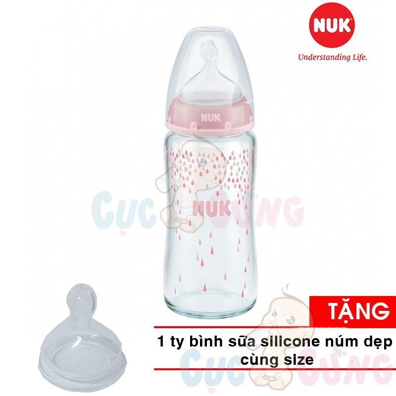 Bình sữa NUK cổ rộng thủy tinh 240ml núm ti Silicone S1 -M NU66128 Tặng 1 ty thay binh sua (Số lượng có hạn)