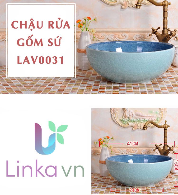 Chậu rửa lavabo gốm sứ nghệ thuật LAV0031 – Họa tiết hoa xanh in chìm