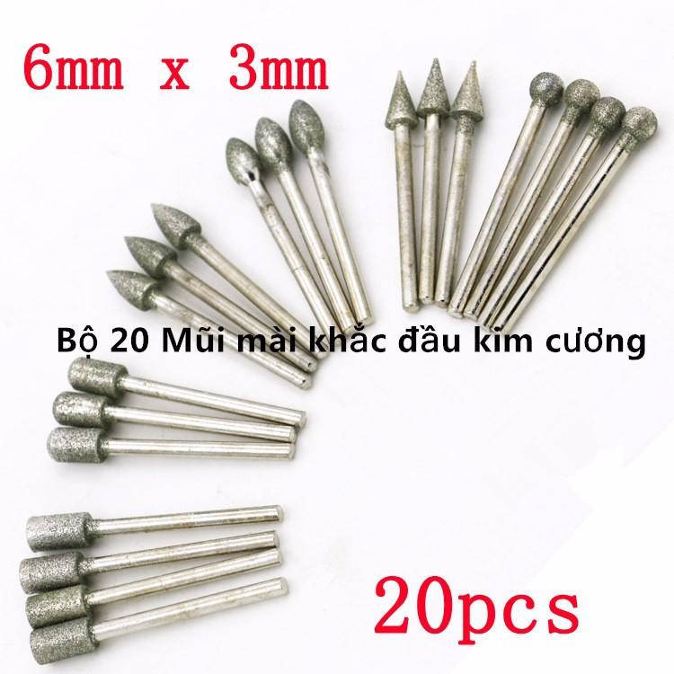 Bộ 20 Mũi mài khắc đầu kim cương