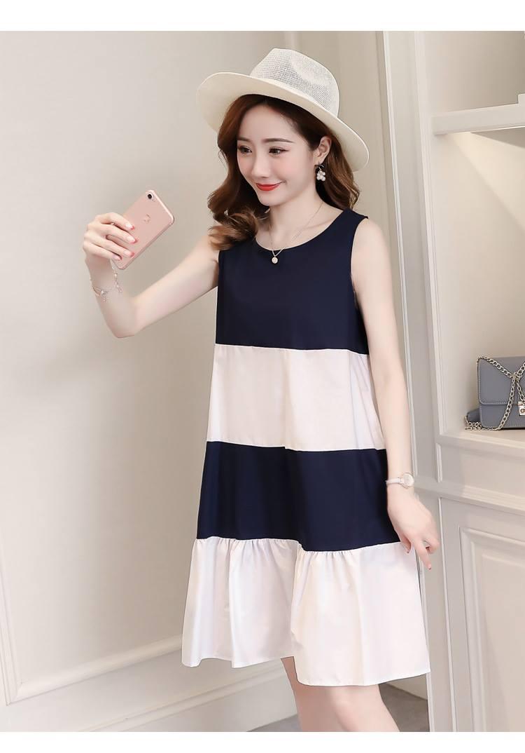 Váy Bầu Xanh Phối Trắng Sát Nách Dáng A 1235