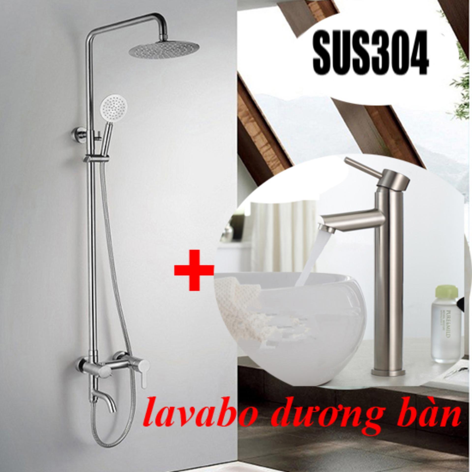 Bộ sen cây tắm nóng lạnh Inox SUS304 tròn ngang 3011+ Lavabo 5015