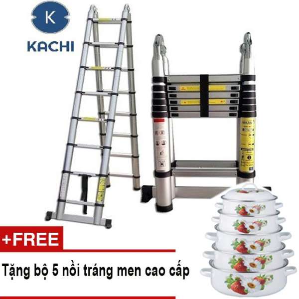 Thang nhôm rút chữ A 3m8 Kachi MK02 + Tặng bộ 5 nồi tráng men cao cấp