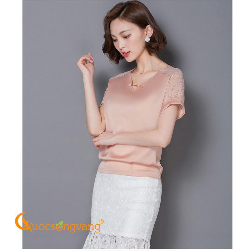 Áo lụa nữ gấu thun cổ v ngắn tay phối ren Queenbe GLA113