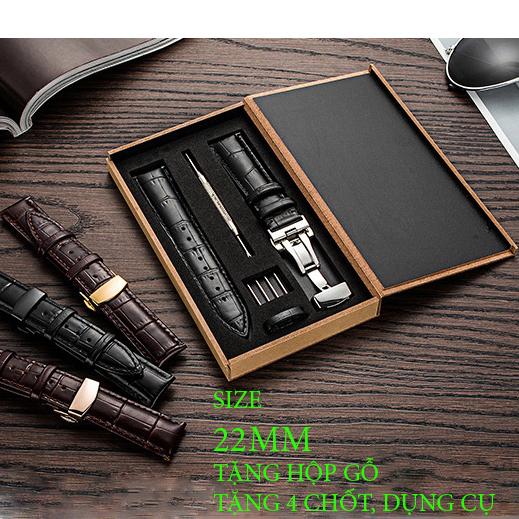 Dây đồng hồ da bò cao cấp tặng Hộp Gỗ SIZE 22mm ( Da Đen) kèm khóa bướm thép không gỉ 316L (Trắng)