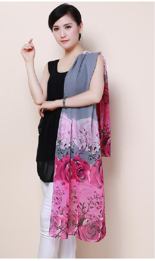 Khăn choàng cổ voan họa tiết hoa hồng (màu hồng xám)