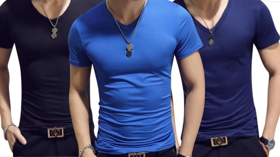 Combo 3 áo thun nam body cổ tim vải dày mịn, thoáng mát phong cách hàn quốc ( đen/ xanh đen/ xanh da )