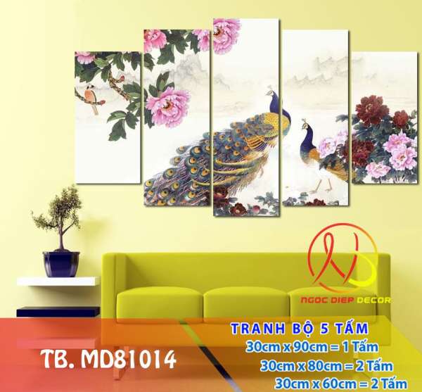 [Sale] Tranh Treo Tường Chim công MD81014- Tranh treo 3D Hà Nội HCM [5 tấm rộng 1,5m cao 0,9m] SuperDecor