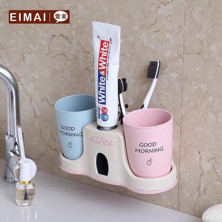Kệ để bàn chải đánh răng tự nhả kem + 2 cốc lúa mạch