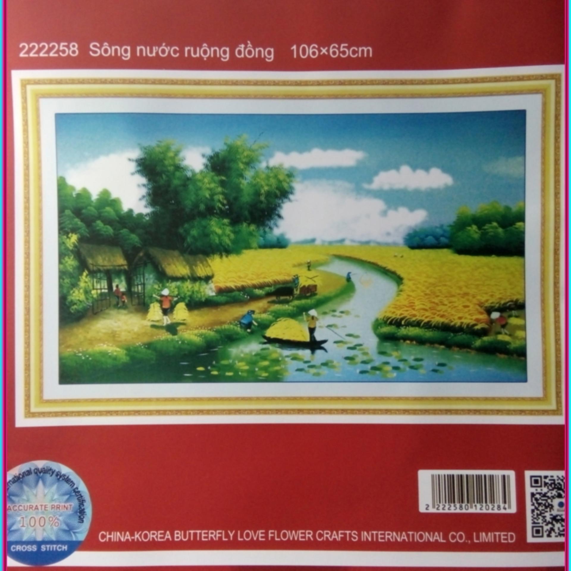 Tranh thêu chữ thập phong cảnh sông nước ruộng đồng 222258