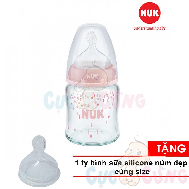 Bình sữa NUK cổ rộng thủy tinh 120ml - Ty Silicone 1M- NU66126 Tặng 1 ty thay binh sua (Số lượng có hạn)
