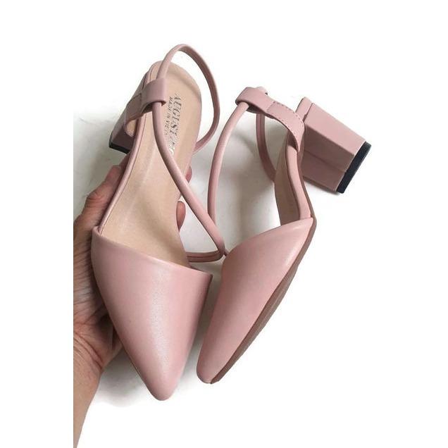 [SALE] Sandal Bít Mũi Nhọn Da Lì Quai Chéo Đế Vuông 5 Phân (Hồng Kem)