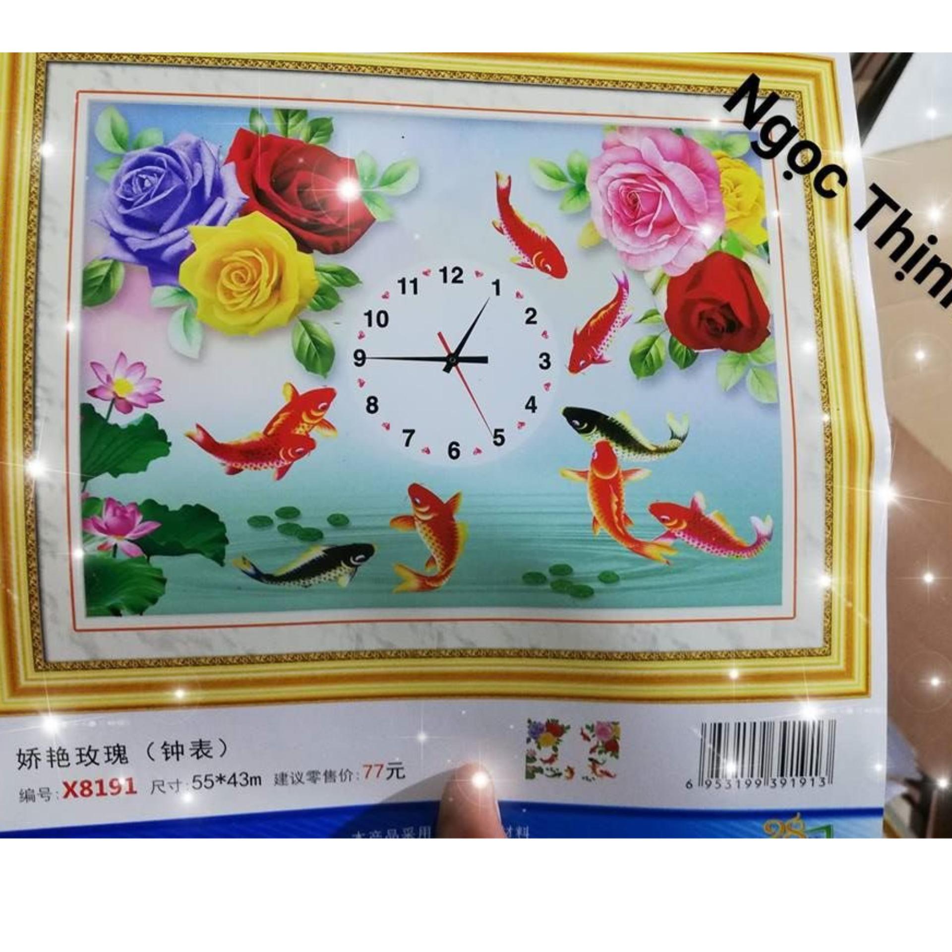 Tranh thêu chữ thâp đồng hồ hoa cá X8191- Ngocthinhshop