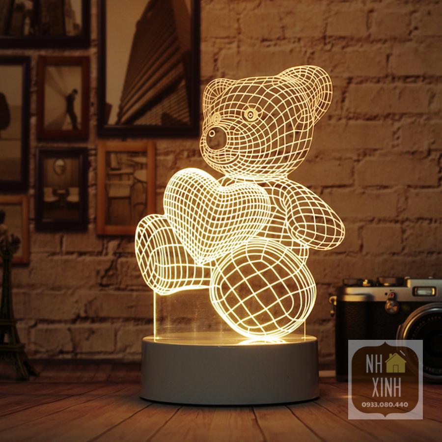 Đèn ngủ 3D Gấu ôm tim, đèn trang trí, quà tặng sinh nhật độc đáo