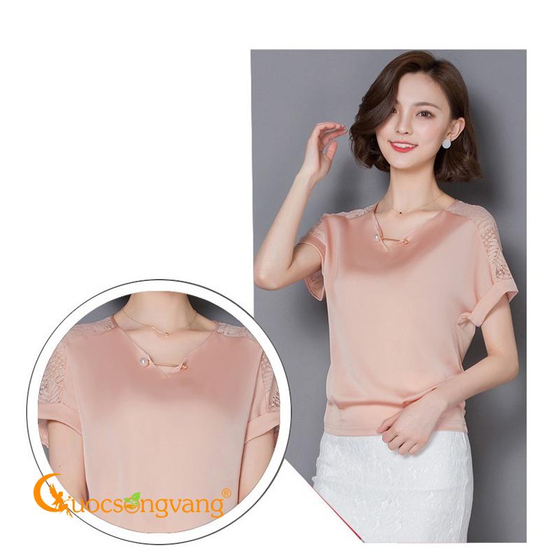 Áo lụa nữ gấu thun cổ v ngắn tay phối ren Queenbe GLA113