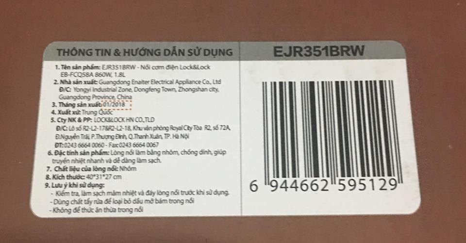 NỒI CƠM ĐIỆN LOCK&LOCK EJR351BRW 1,8L