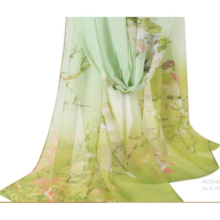 Khăn choàng cổ voan hoa họa tiết chim màu xanh lá cây