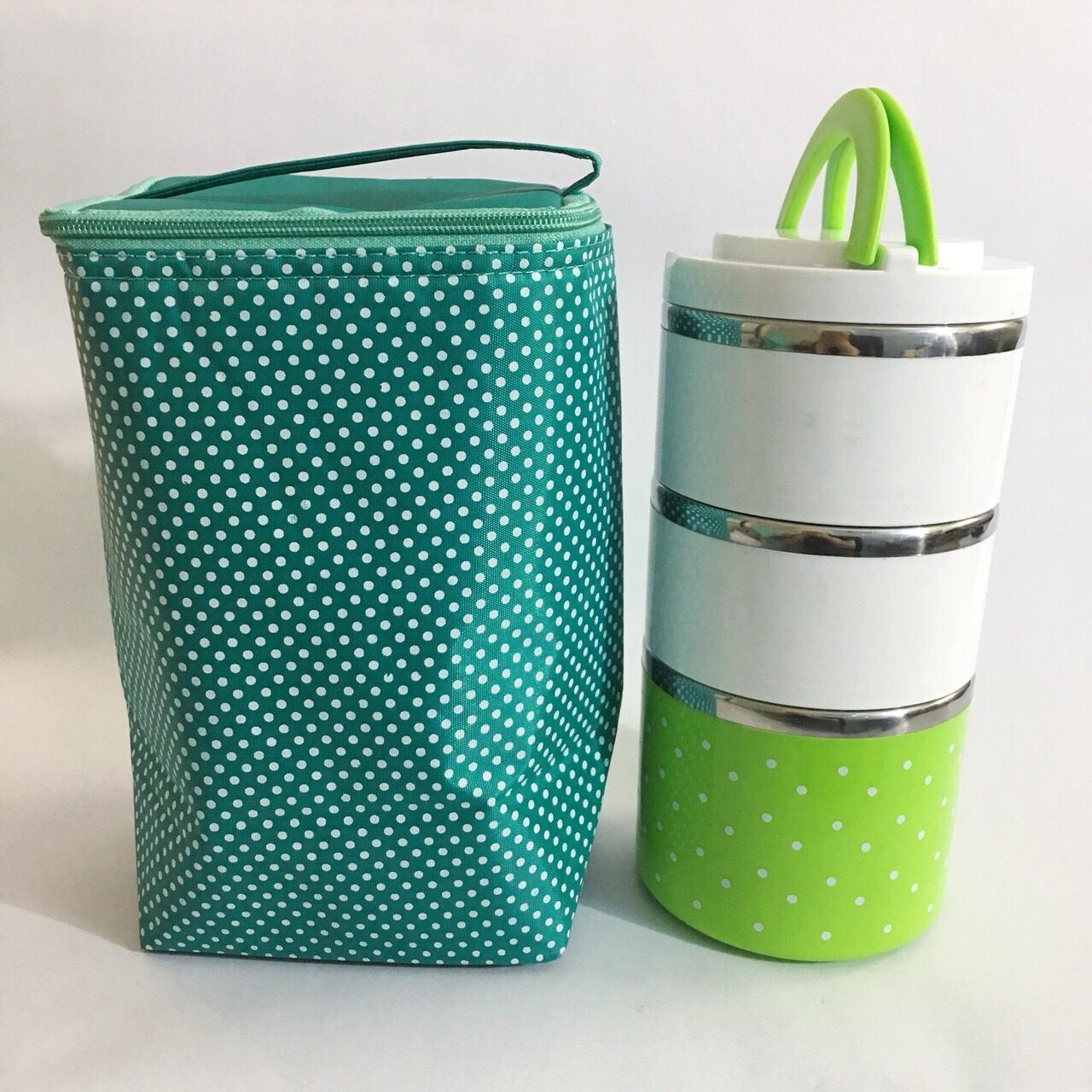 Hộp cơm 3 tầng và Túi giữ nhiệt chấm bi