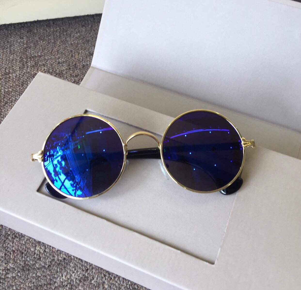 Kính râm, Kính mát Mắt Tròn chống nắng uv gọng họa tiết đẳng cấp (Tròng Xanh Gọng Đen)