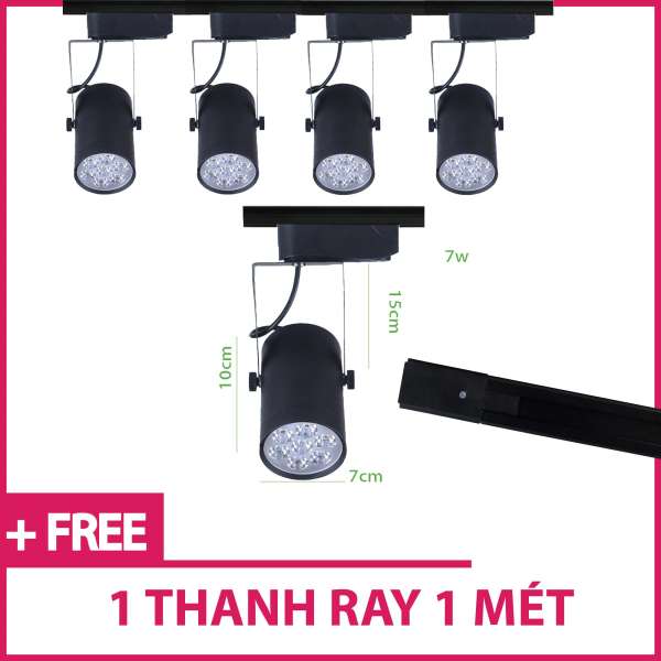 Bộ 5 đèn led rọi mắt ếch 7w vỏ đen ánh sáng trắng/vàng và 1 thanh ray 1 mét màu đen