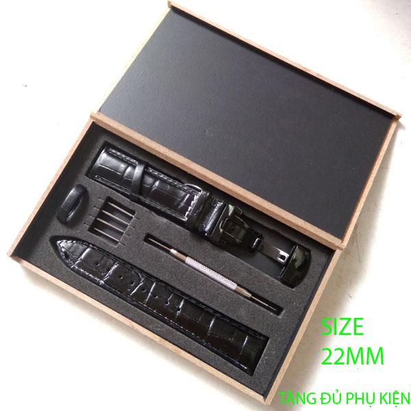 Dây đồng hồ da bò cao cấp tặng Hộp Gỗ SIZE 22mm ( Da ĐEN) kèm khóa bướm thép không gỉ 316L (Khóa đen)