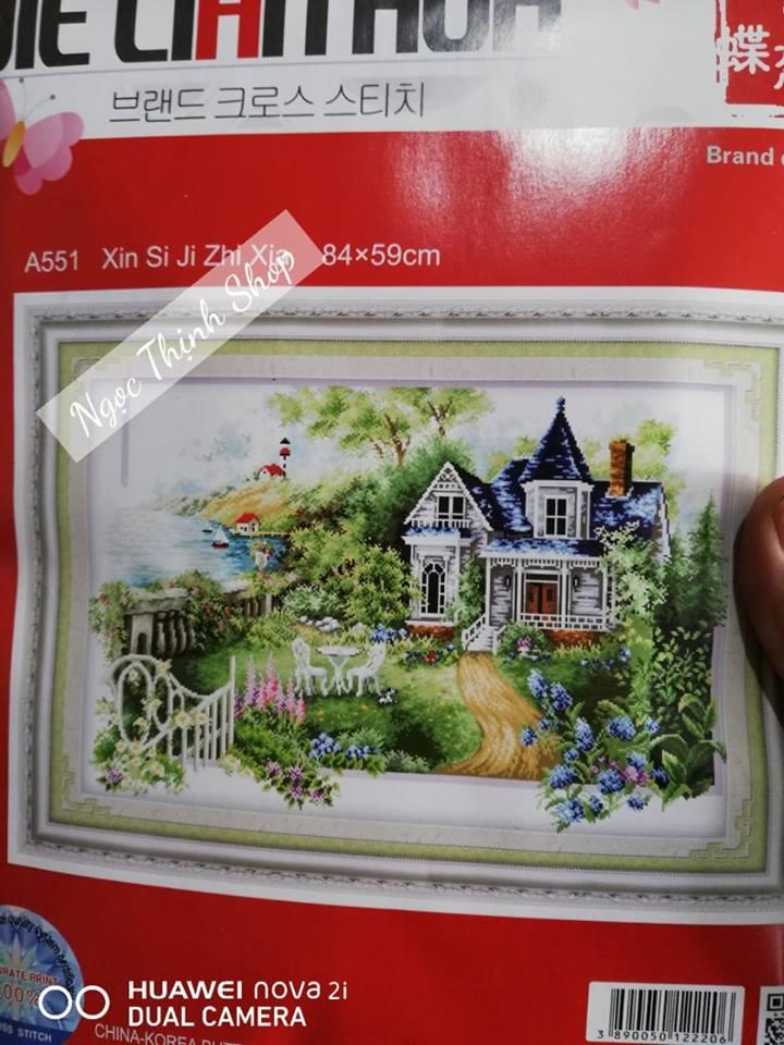 Tranh thêu chữ thập phong cảnh ngôi nhà A551
