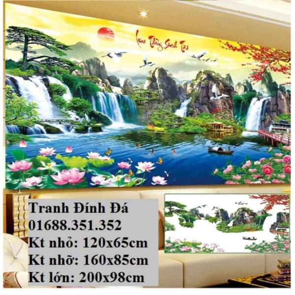 Tranh đính đá phong cảnh lưu thủy sinh tài 8069 200x98cm chưa đính